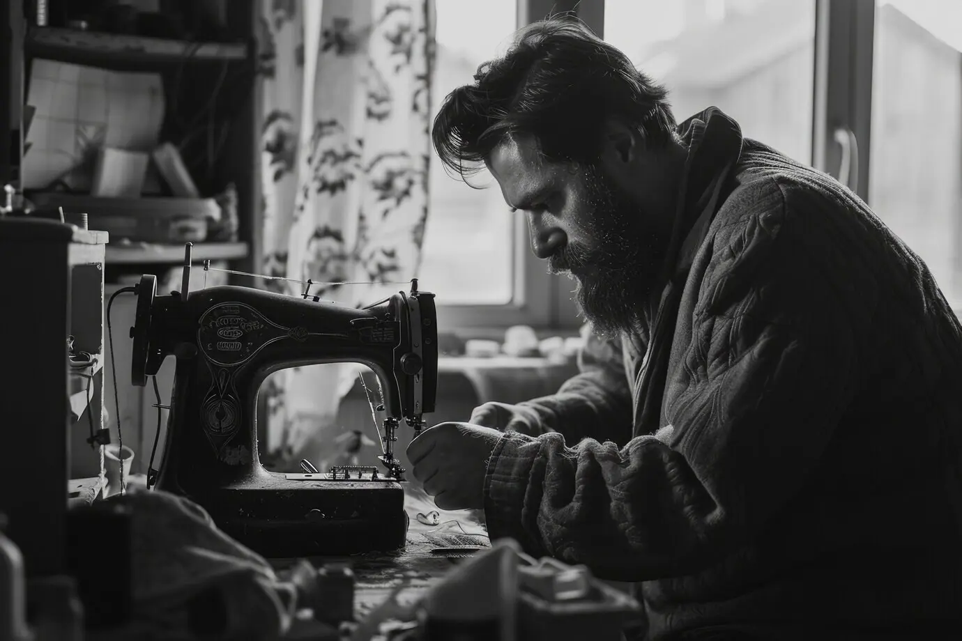 A vintage black-and-white portrait of a man doing housework and household chores.